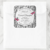 ピンクの蝶の製品ラベルと白い木の樹皮 スクエアシール (バッグ)