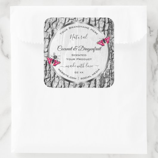 ピンクの蝶の製品ラベルと白い木の樹皮 スクエアシール (バッグ)