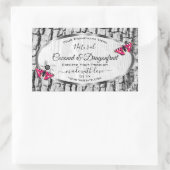 ピンクの蝶の製品ラベルと白い木の樹皮 長方形シール (バッグ)