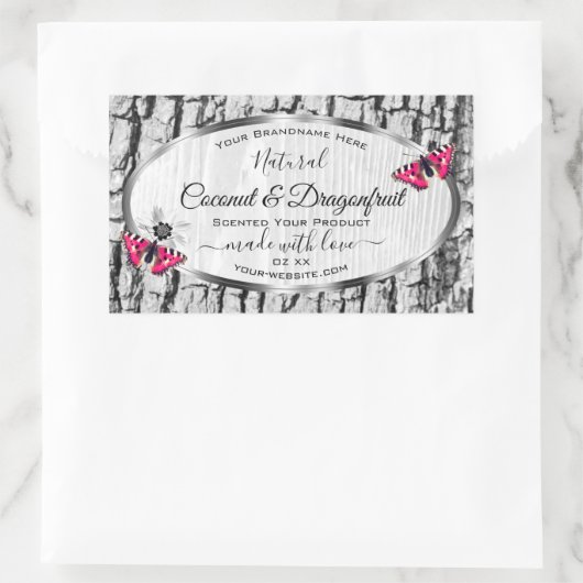 ピンクの蝶の製品ラベルと白い木の樹皮 長方形シール (バッグ)