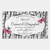 ピンクの蝶の製品ラベルと白い木の樹皮 長方形シール (正面)