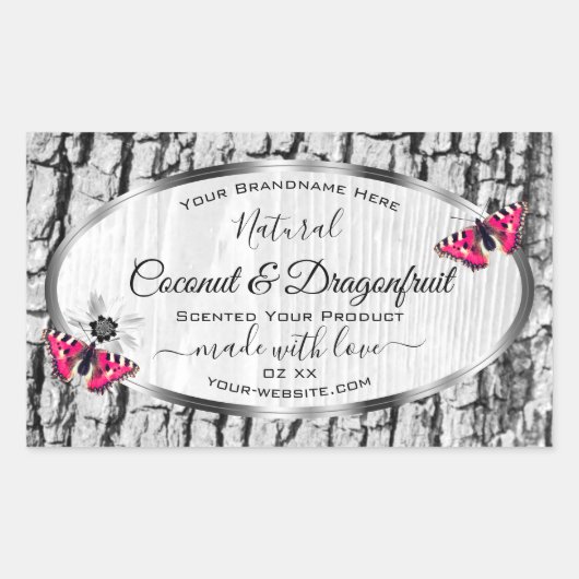ピンクの蝶の製品ラベルと白い木の樹皮 長方形シール (正面)