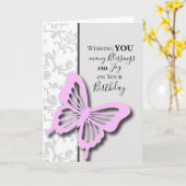 ピンクの蝶の誕生日グリーティングカード カード (黄色い花)