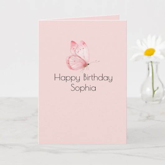 ピンクの蝶の誕生日 カード (小さな植物)