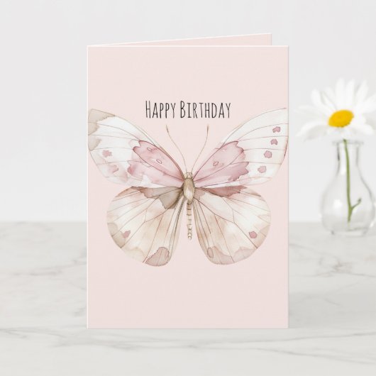 ピンクの蝶の誕生日 カード (小さな植物)