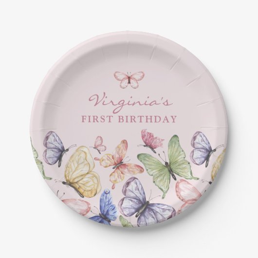 ピンクの蝶の誕生日 ペーパープレート (正面)