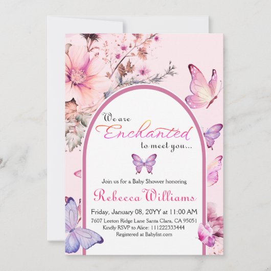 ピンクの蝶の赤ちゃんシャワーに出会えて魅了された 招待状 (正面)