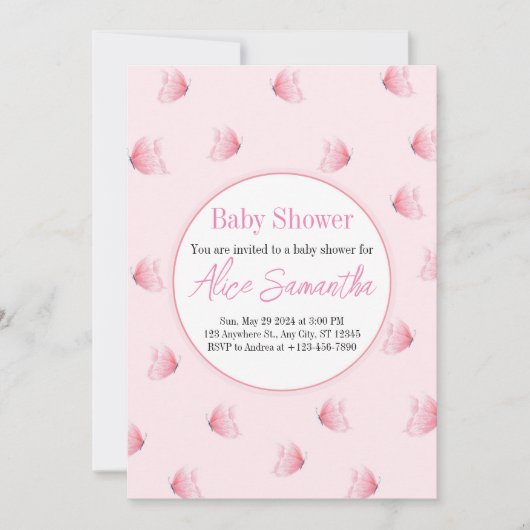 ピンクの蝶の赤ちゃんシャワーの招待状 招待状 (正面)