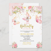 ピンクの蝶の赤ちゃんシャワーの招待状 招待状 (正面/裏面)