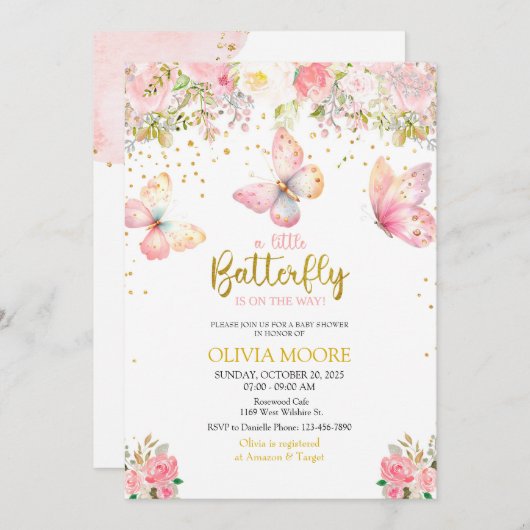 ピンクの蝶の赤ちゃんシャワーの招待状 招待状 (正面/裏面)