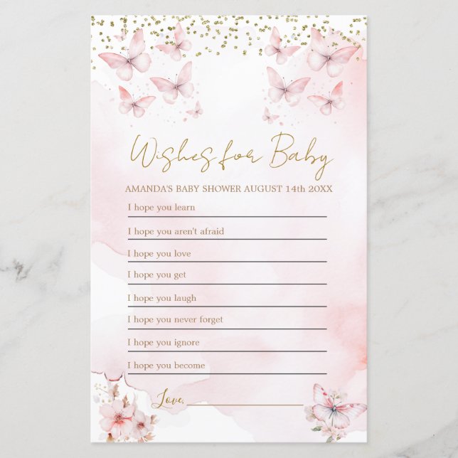 ピンクの蝶の赤ちゃんシャワーの願いベビーゲーム (正面)