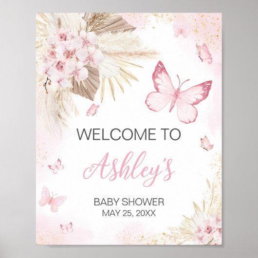 ピンクの蝶の赤ちゃんシャワーへようこそ ポスター (正面)