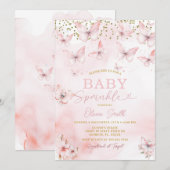 ピンクの蝶の赤ちゃんシャワーガール招待状 招待状 (正面/裏面)