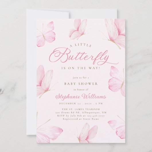 ピンクの蝶の赤ちゃんシャワー 招待状 (正面)