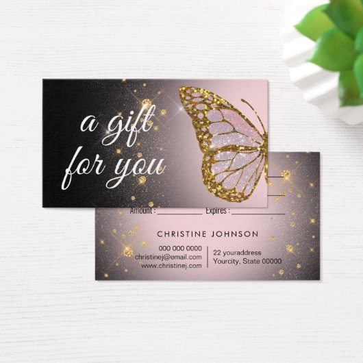 ピンクの蝶の黒いデザインギフトカード (デスク)