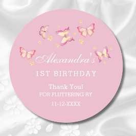 ピンクの蝶の1歳の誕生日ありがとう ラウンドシール
