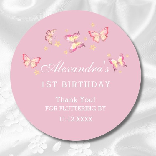 ピンクの蝶の1歳の誕生日ありがとう ラウンドシール