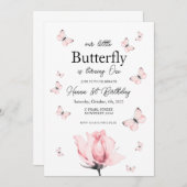 ピンクの蝶の1歳誕生日招待状 招待状 (正面/裏面)