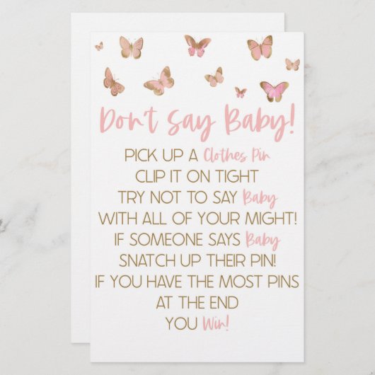 ピンクの蝶は赤ちゃんシャワーゲームと言わない 便箋 (正面/裏面)