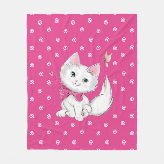 ピンクの蝶を持つかわいく白い子ネコ フリースブランケット (正面)