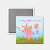 ピンクの蝶を願うハッピーバースデー マグネット (正面/裏面)