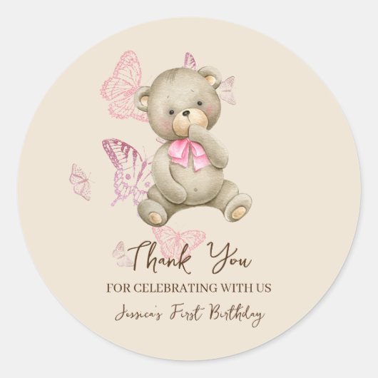 ピンクの蝶ステッカー付きテディベア ラウンドシール (正面)