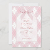 ピンクの蝶ネクタイのロッキングホース ポロ ヴィンテージ ベビーシャワー 招待状 (正面)