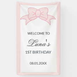 ピンクの蝶ネクタイの女の子のお誕生日バナー 子供の1歳の誕生日 横断幕