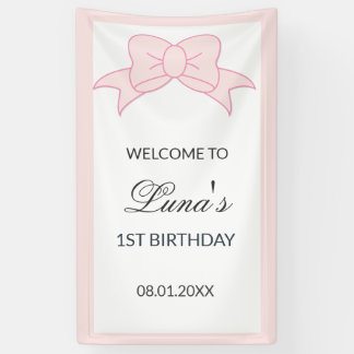 ピンクの蝶ネクタイの女の子のお誕生日バナー 子供の1歳の誕生日 横断幕
