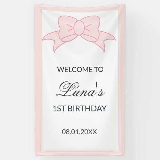 ピンクの蝶ネクタイの女の子のお誕生日バナー 子供の1歳の誕生日 横断幕 (縦)