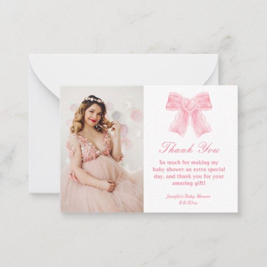 ピンクの蝶ネクタイの女の子のベビーシャワーの写真ありがとうございます ノートカード (正面)