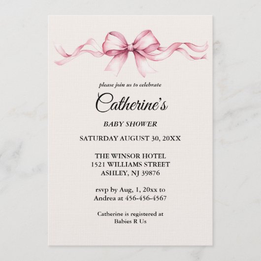 ピンクの蝶ネクタイの女の子のベビーシャワー招待状 招待状 (正面)