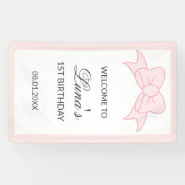 ピンクの蝶ネクタイの女の子の1歳の誕生日 横断幕