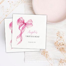 ピンクの蝶ネクタイの女の子 1歳の誕生日 スタンダードカクテルナプキン