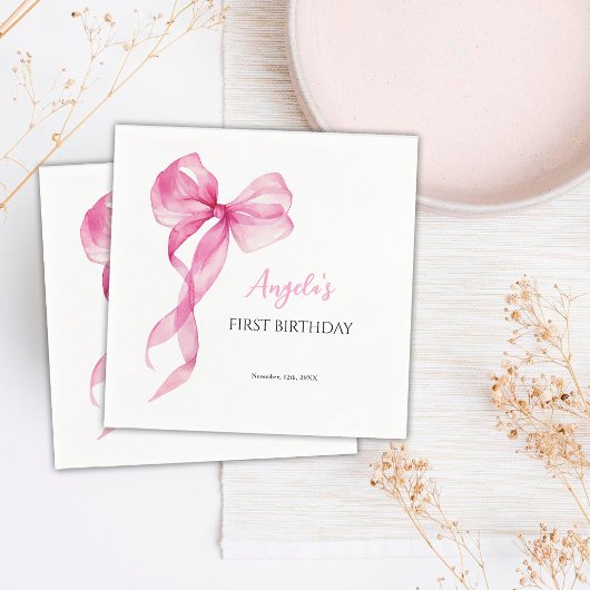 ピンクの蝶ネクタイの女の子 1歳の誕生日 スタンダードカクテルナプキン