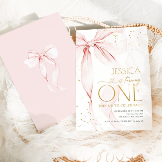 ピンクの蝶ネクタイの女の子 1歳の誕生日 招待状
