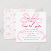 ピンクの蝶ネクタイ お嬢様の12歳誕生日パーティー スクエア 招待状 (正面/裏面)