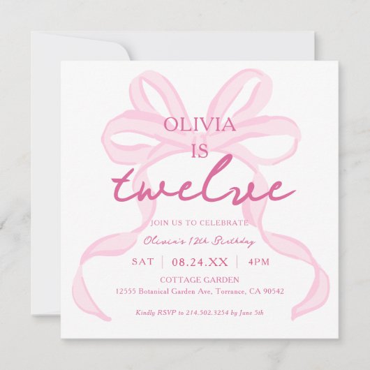 ピンクの蝶ネクタイ お嬢様の12歳誕生日パーティー スクエア 招待状 (正面)