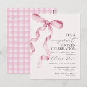 ピンクの蝶ネクタイ スイート シックスティーン 誕生日パーティー招待状 ポストカード (正面/裏面)
