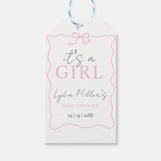 ピンクの蝶ネクタイ ベビーシャワー招待状, 女の子のベビーシャワー ギフトタグ (正面)