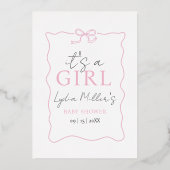 ピンクの蝶ネクタイ ベビーシャワー招待状, 女の子のベビーシャワー 箔招待状 (正面)
