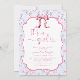 ピンクの蝶ネクタイ 女の子の赤ちゃん歓迎会 招待状