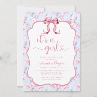 ピンクの蝶ネクタイ 女の子の赤ちゃん歓迎会 招待状