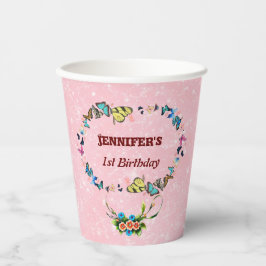 ピンクの蝶フローティング女の子1st誕生日パーティー 紙コップ