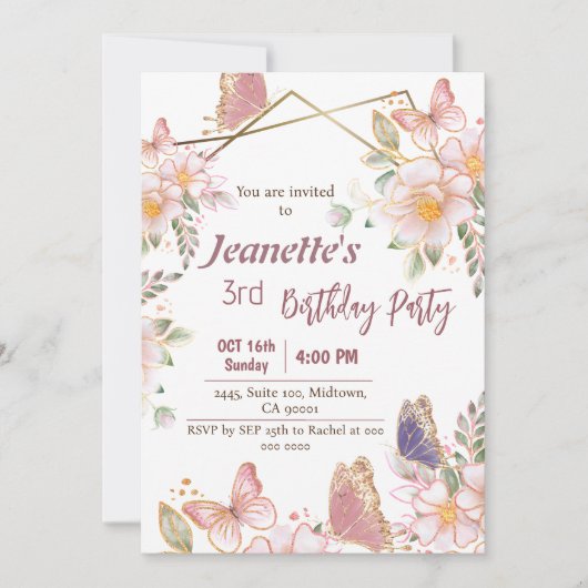 ピンクの蝶フローラをテーマにした第3誕生日 招待状 (正面)