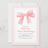 ピンクの蝶リボンとストライプのクチュール 1歳の誕生日 招待状 (正面)