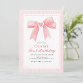 ピンクの蝶リボンとストライプのクチュール 1歳の誕生日 招待状 (スタンド正面)