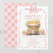 ピンクの蝶リボンのファーマーズマーケット フラワーバースデー 招待状 (正面/裏面)
