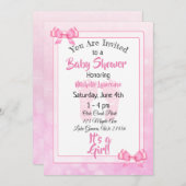 ピンクの蝶リボンの女の子のベビーシャワー 招待状 (正面/裏面)