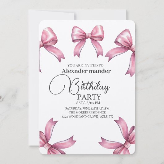ピンクの蝶リボンパーティー 招待状 (正面)